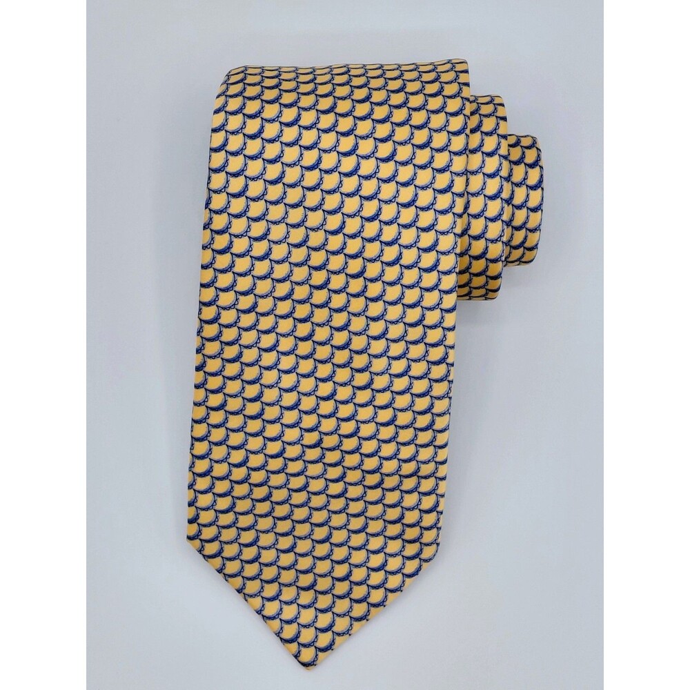 Brioni Handmade 100% Silk Men's Necktie ITALY Luxury Yellow/Blue Curve Print EUC